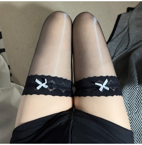 FEE ET MOI - Lace Butterfly Silky Gloss Thigh Highs Stocking (Black)